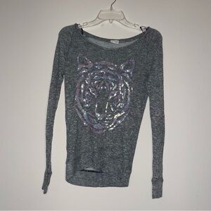 Live Love Dream Grey Knit XS Pullover Holographic Sequin Tiger Embellishment Y2K